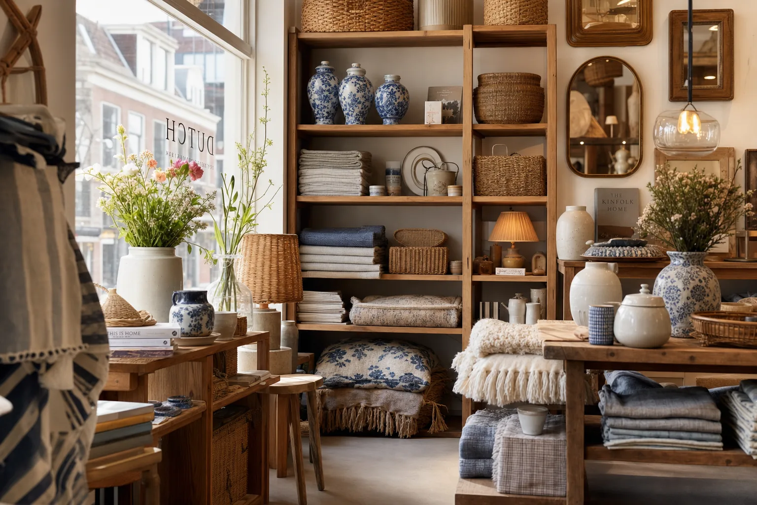 Warme winkel met linnen, vazen en woondecoratie